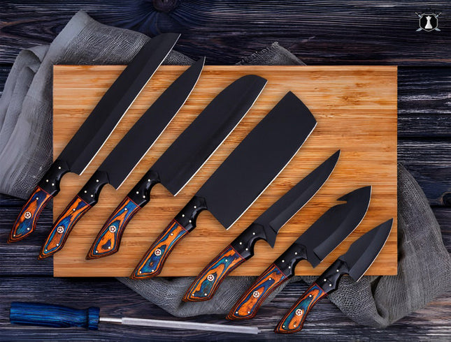 Custom Carbon Steel Handmade Chef Knives Set of 8 Dollar Wood Handle With Free Leather Sheath