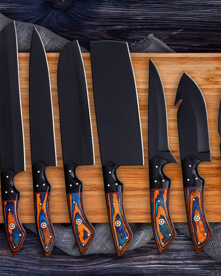 Custom Carbon Steel Handmade Chef Knives Set of 8 Dollar Wood Handle With Free Leather Sheath