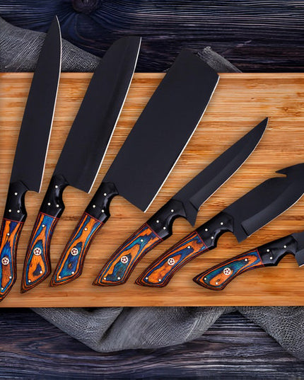 Custom Carbon Steel Handmade Chef Knives Set of 8 Dollar Wood Handle With Free Leather Sheath