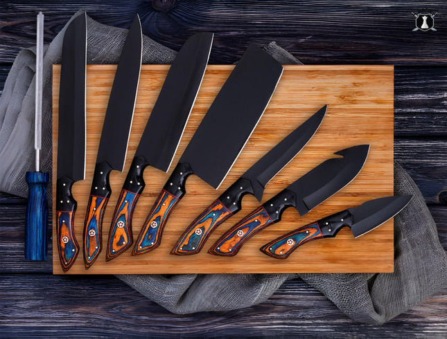 Custom Carbon Steel Handmade Chef Knives Set of 8 Dollar Wood Handle With Free Leather Sheath