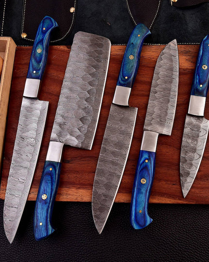 Custom Damascus Steel Chefs Set of 5 Knives Blue Micarta Wood Handle With Free Leather Sheath