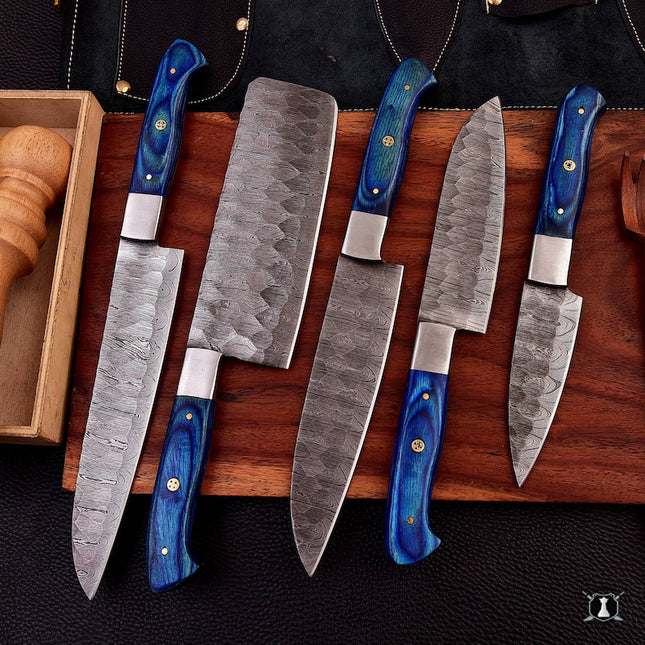 Custom Damascus Steel Chefs Set of 5 Knives Blue Micarta Wood Handle With Free Leather Sheath