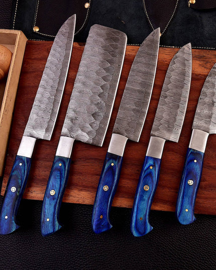 Custom Damascus Steel Chefs Set of 5 Knives Blue Micarta Wood Handle With Free Leather Sheath