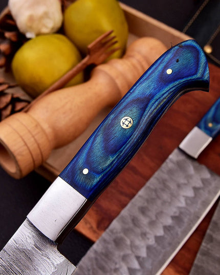 Custom Damascus Steel Chefs Set of 5 Knives Blue Micarta Wood Handle With Free Leather Sheath