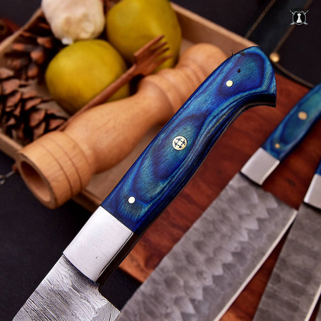 Custom Damascus Steel Chefs Set of 5 Knives Blue Micarta Wood Handle With Free Leather Sheath