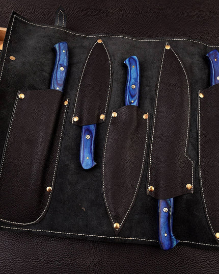 Custom Damascus Steel Chefs Set of 5 Knives Blue Micarta Wood Handle With Free Leather Sheath