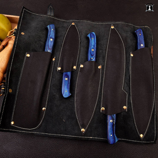 Custom Damascus Steel Chefs Set of 5 Knives Blue Micarta Wood Handle With Free Leather Sheath